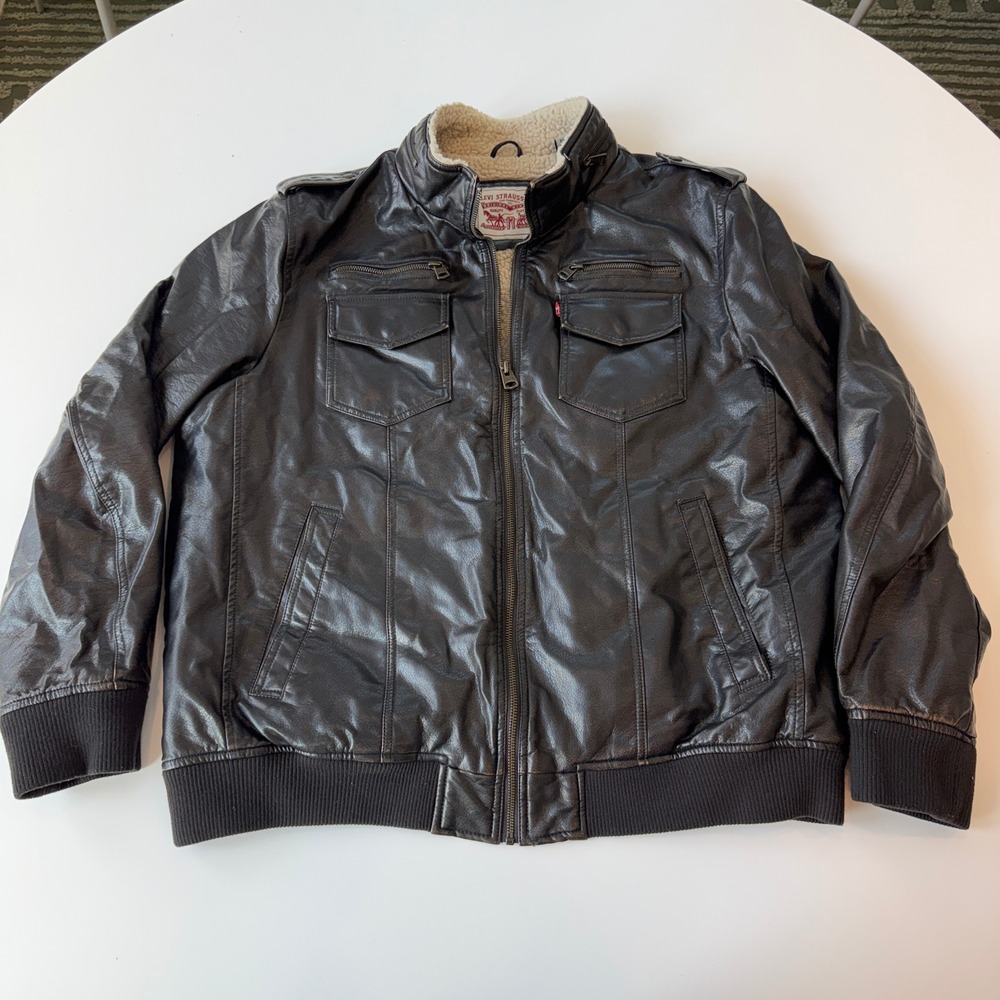 Levi Strauss Sherpa Lined Brown Leather Bomber Jacket Mens XXL